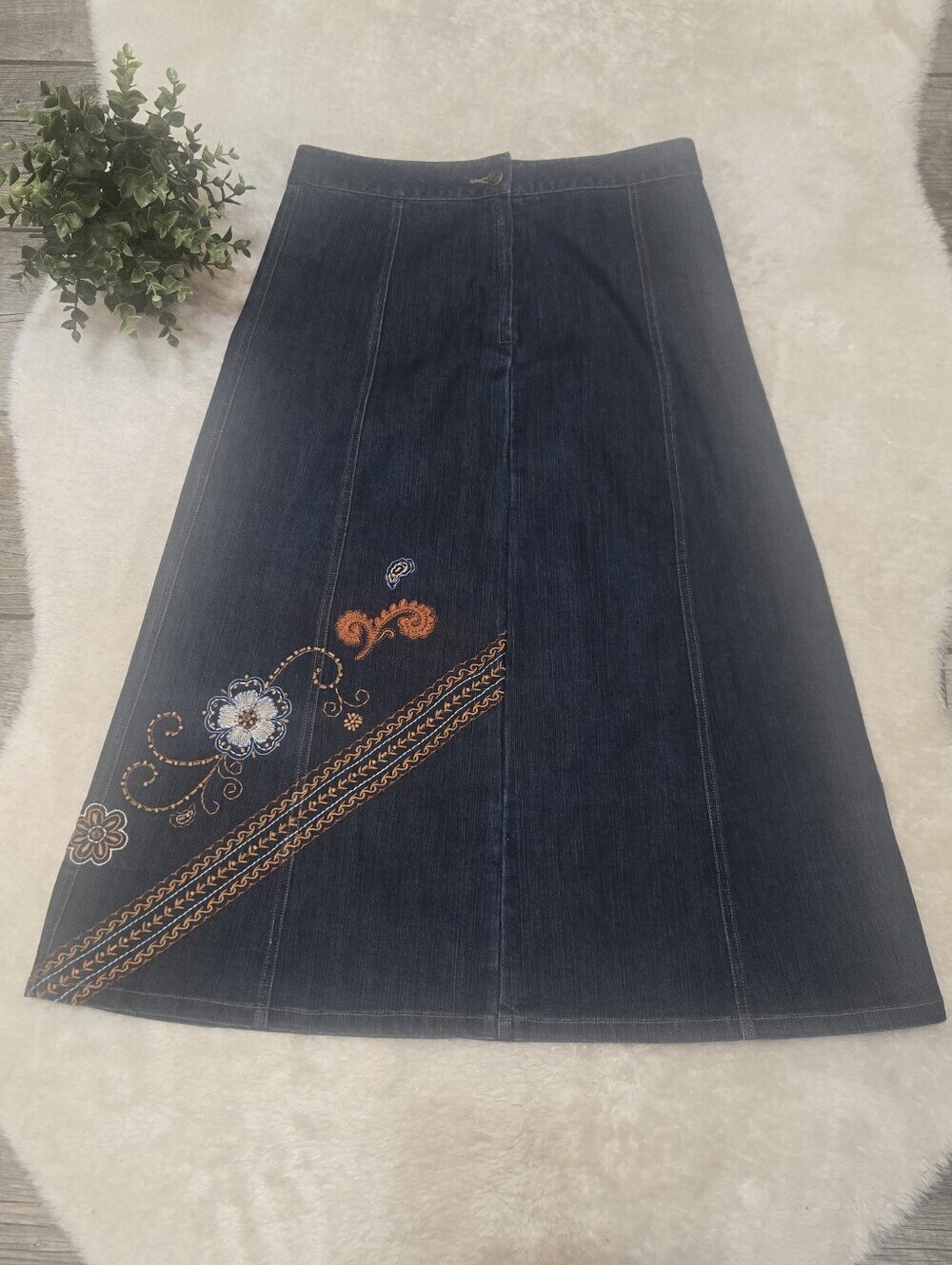 Graff Wear Vintage Embroidered Floral Western A-Line Long Denim Skirt, 10